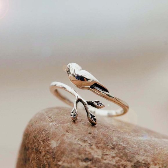 Bird Jewelry - 925 Sterling Silver Bird Animal Ring Tree Ring Branch Ring Adjustable Cute Ring